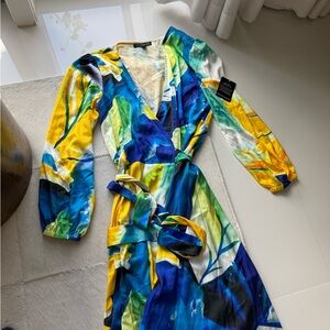 Boston Proper Blue and Yellow Wrap Dress